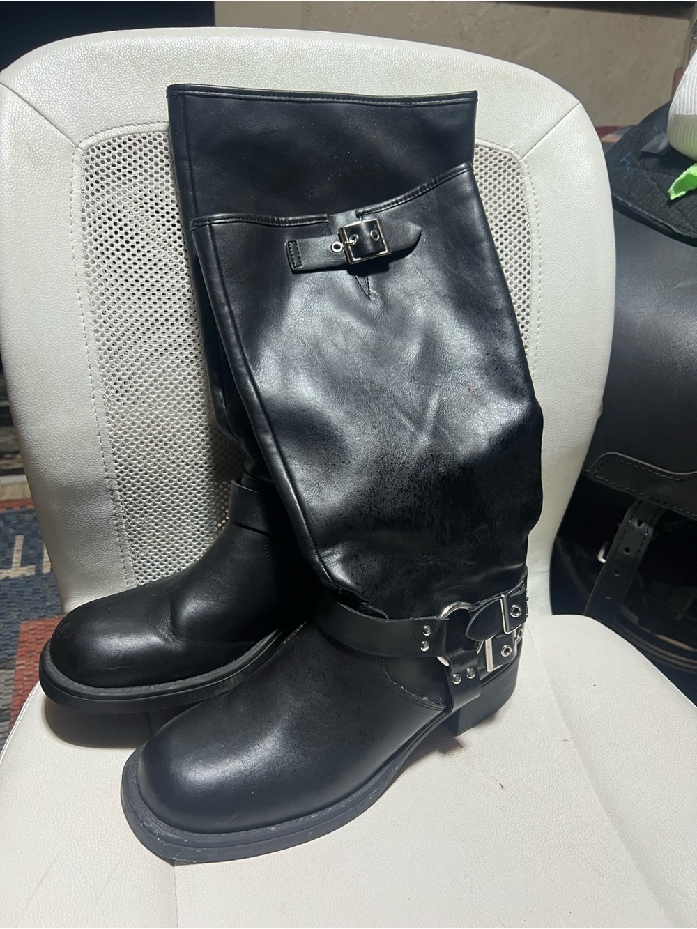 Black Leather Buckle Riding Boots - Women